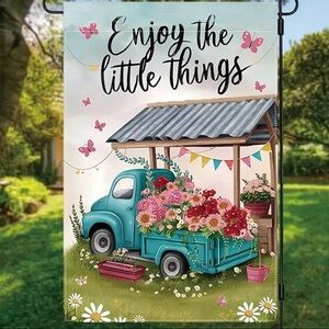 NIP “Enjoy the little things”  Burlap Garden Flag 12” x 18” Blue Truck & Florals